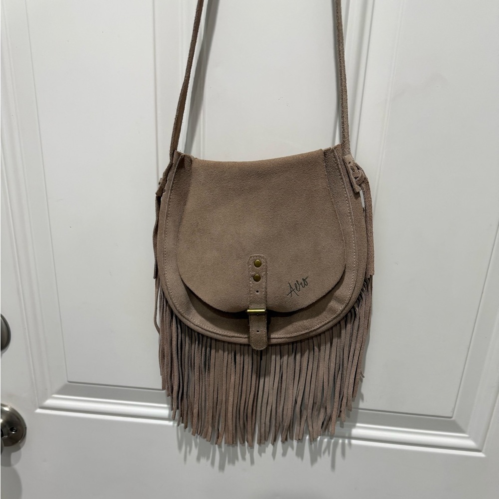 Aeropostale boho Taupe Fringe leather Suede Crossbody Bag